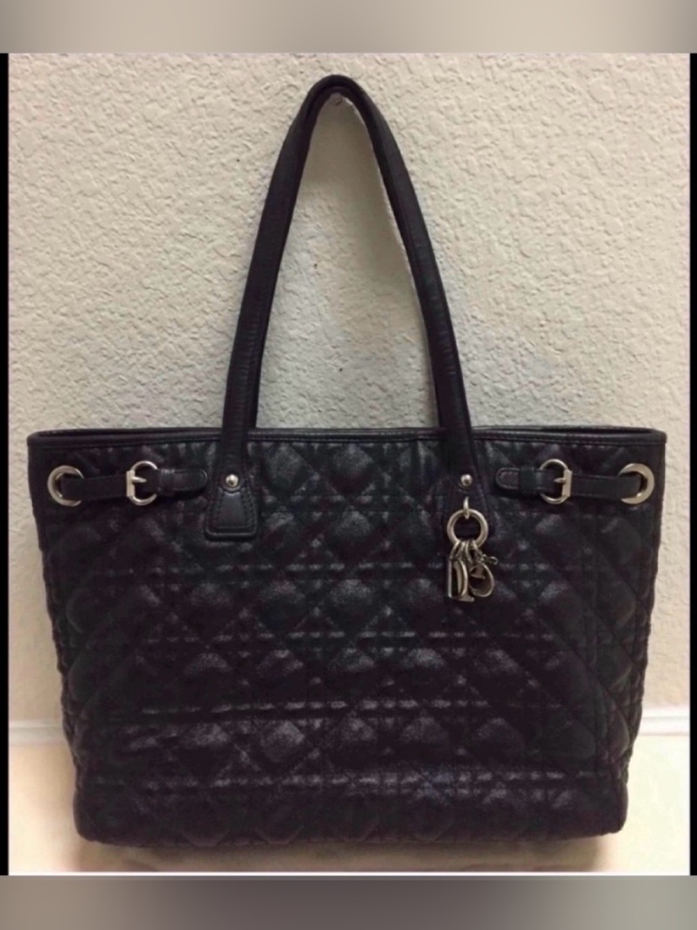 Authentic Dior Black Quilted made in Italy Leather Tote with Silver Hardware